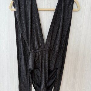 Shein Black Shimmer Draped Bodysuit – Size XS